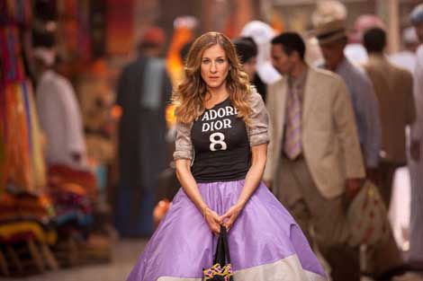 Sarah Jessica Parker as Carrie in Sex and the City 2 wearing the underskirt of a Zac Posen ballgown with a Dior T-shirt worn over a lame blouse  in a souk
