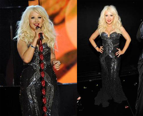Christina Aguilera wearing a Roberto Cavalli strapless sequin gown Christina Aguilera wearing a Roberto Cavalli strapless sequin gown