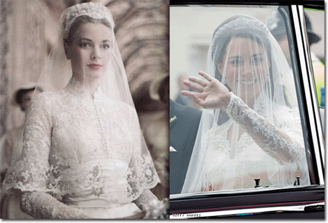 Reminiscent of the the lace gown that Grace Kelly wore to her 1956 marriage to Prince Rainier of Monaco Reminiscent of the the lace gown that Grace Kelly wore to her 1956 marriage to Prince Rainier of Monaco