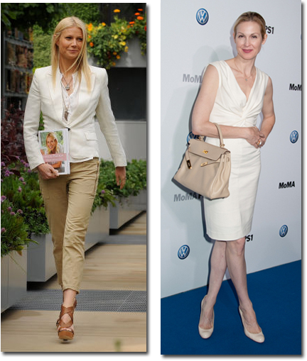 Two ways to wear white: Gwyneth Paltrow mixes tan pants and tobacco colored platforms & Kelly Rutherford adds a a classic beige Kelly bag and nude pumps to her white sheath. Two ways to wear white: Gwyneth Paltrow mixes tan pants and tobacco colored platforms & Kelly Rutherford adds a a classic beige Kelly bag and nude pumps to her white sheath.