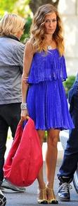 Halston Heritage Stripe Lurex Pleated Cocktail Dress in Electric Blue - as seen on Sarah Jessica Parker in "Sex and the City 2" Halston Heritage Stripe Lurex Pleated Cocktail Dress in Electric Blue - as seen on Sarah Jessica Parker in "Sex and the City 2"