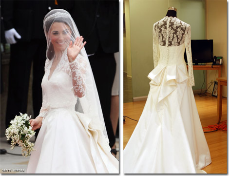 The Kate, Duchess of Cambridge's Sarah Burton for Alexander McQueen gown is the inspiration for the Faviana version. The Kate, Duchess of Cambridge's Sarah Burton for Alexander McQueen gown is the inspiration for the Faviana version.
