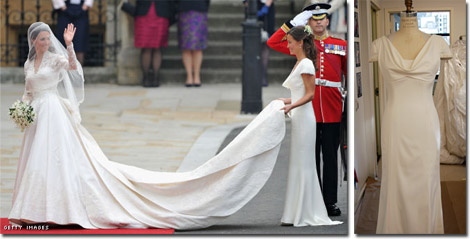 Sister of the bride and Maid of Honour Pippa Middleton holding the bride-to-be's train and the Faviana rendition of her gown. Sister of the bride and Maid of Honour Pippa Middleton holding the bride-to-be's train and the Faviana rendition of her gown.